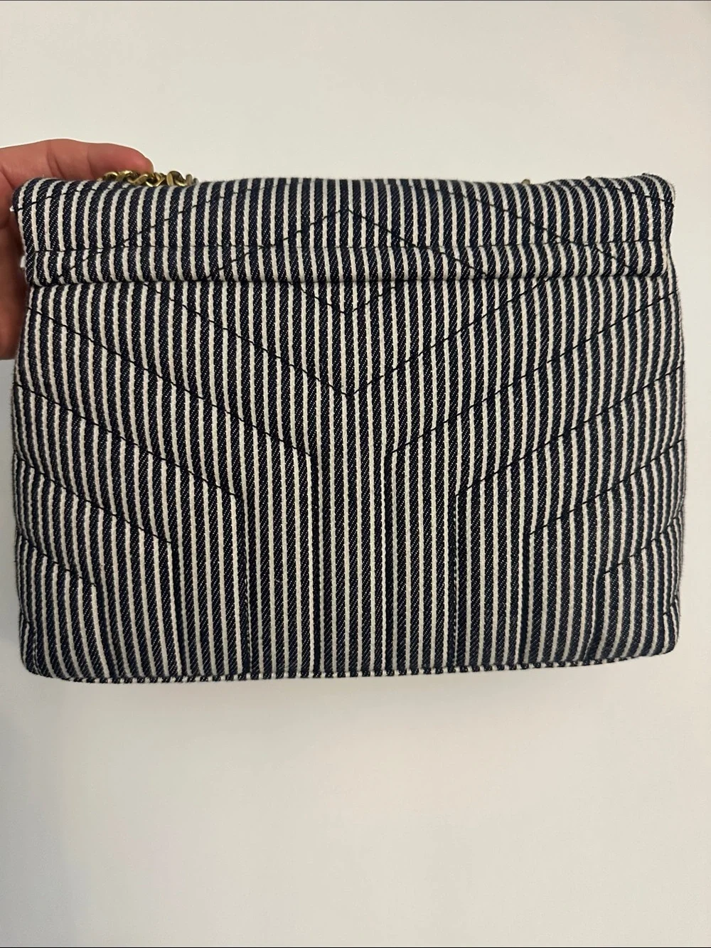 Saint Laurent LouLou Denim Striped Quilted Shoulder Bag with Gold Hardware